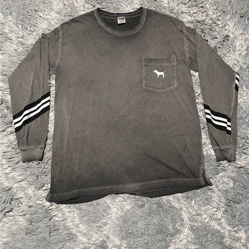PINK Victoria's Secret Gray Long Sleeve Tee with Sporty Stripes